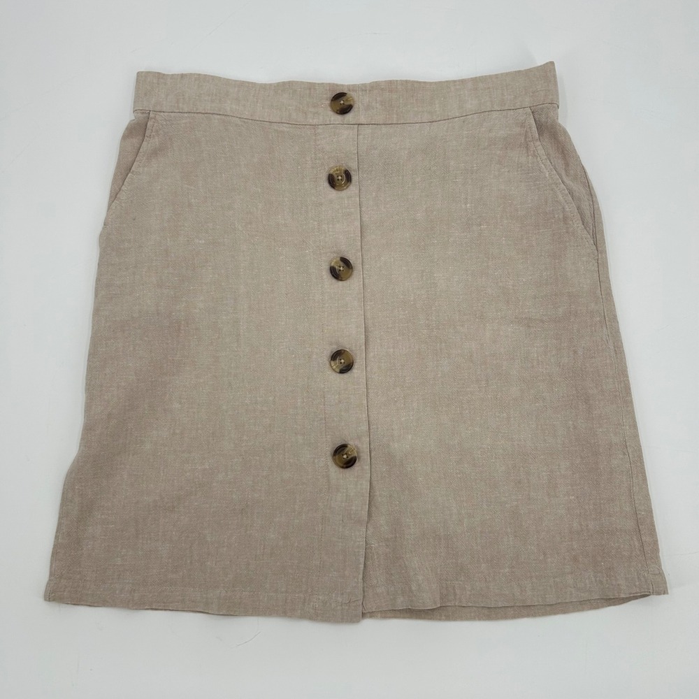 Prosecco Women Beige‎ Linen Blend Button Front Mini Skirt Size 12 Elastic Back